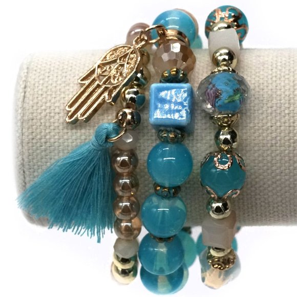 Bracelet Turquoise Gold Mixed Color Beads Hamsa Hand Charm Tassel Bead Caps OS. - Picture 2 of 2